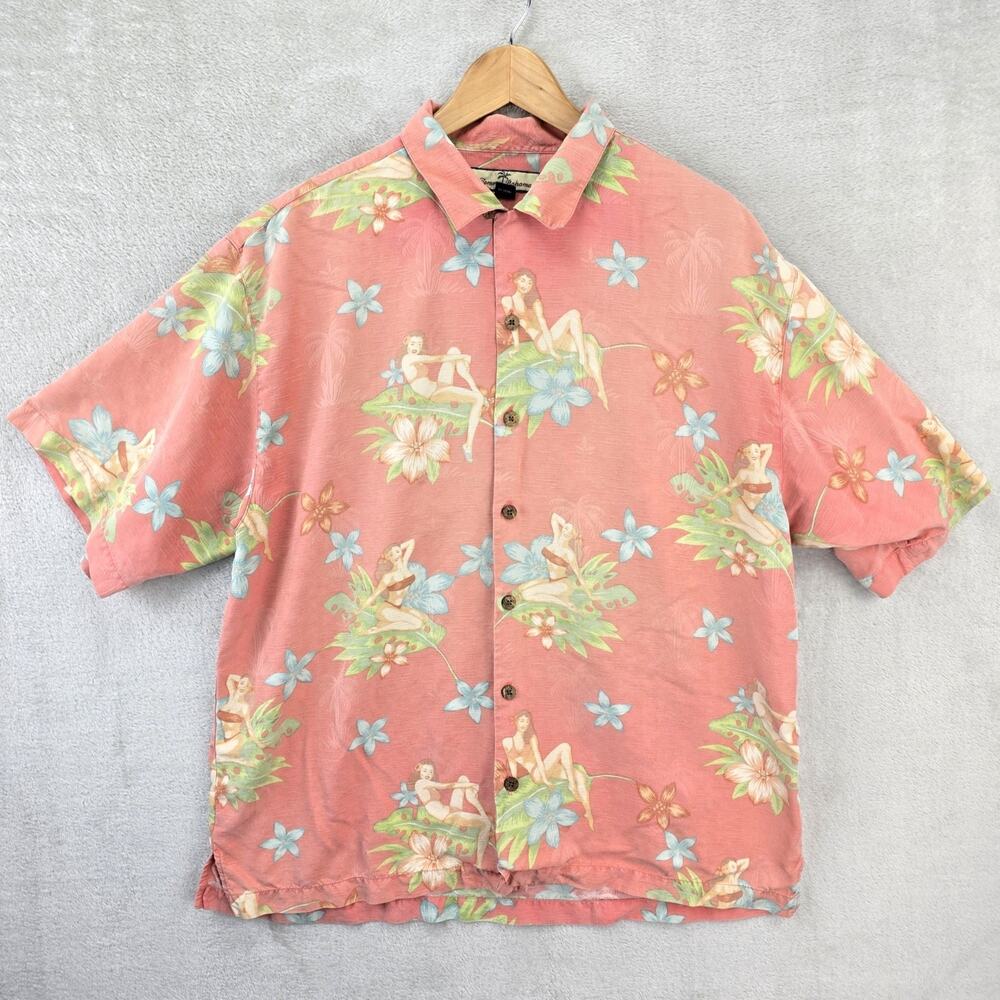 Tommy Bahama Mens Large Silk Hawaiian Shirt Pinup Girl Print Coral Short Sleeve